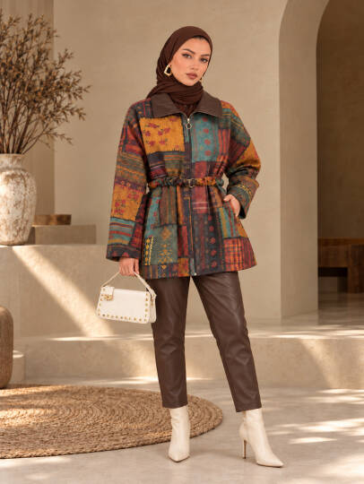 Etnika Kemerli Trenç Ceket - Kahve - 22096-KAHVE - 2