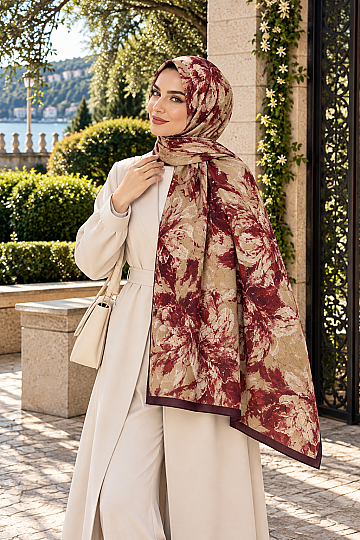 Floral Art Bambu Kraş Şal-22045 - Bordo - 2