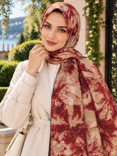 Floral Art Bambu Kraş Şal-22045 - Bordo - 22045-BORDO 