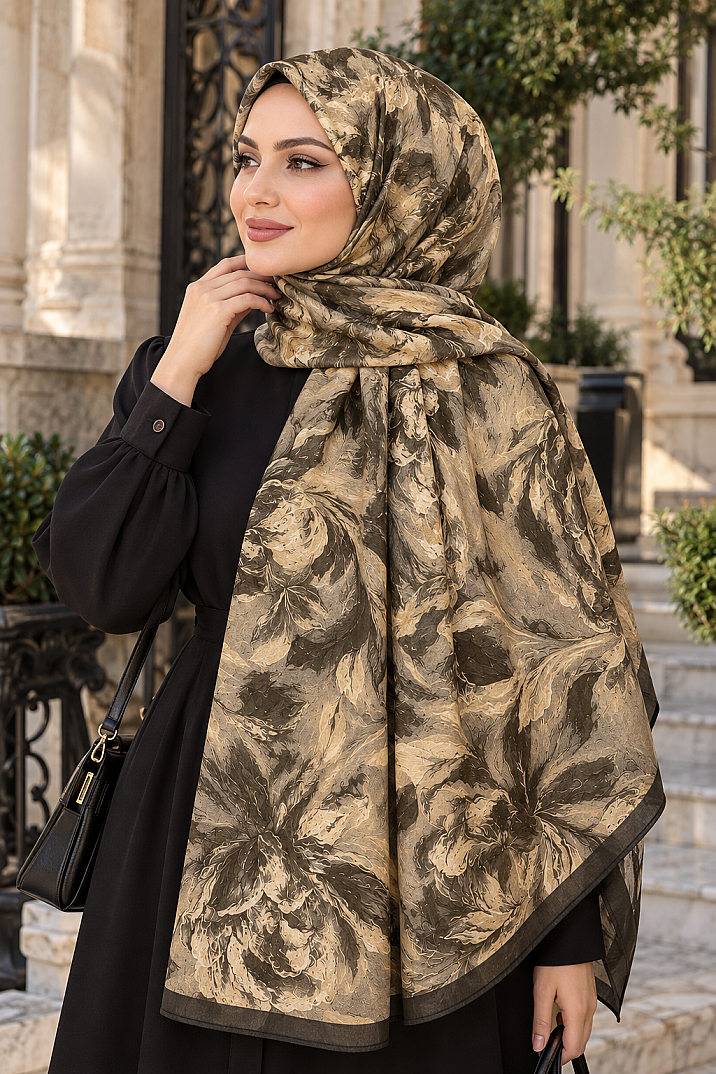 Floral Art Bambu Kraş Şal-22045 - Kahve - 3
