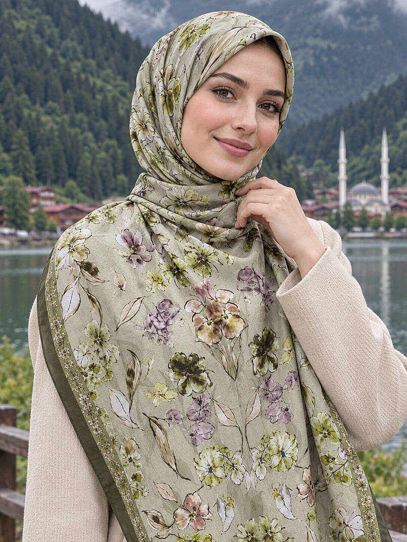 Floral Harmony Bambu Kraş Şal - Haki - 1