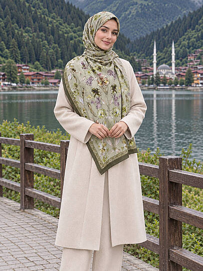 Floral Harmony Bambu Kraş Şal - Haki - 2