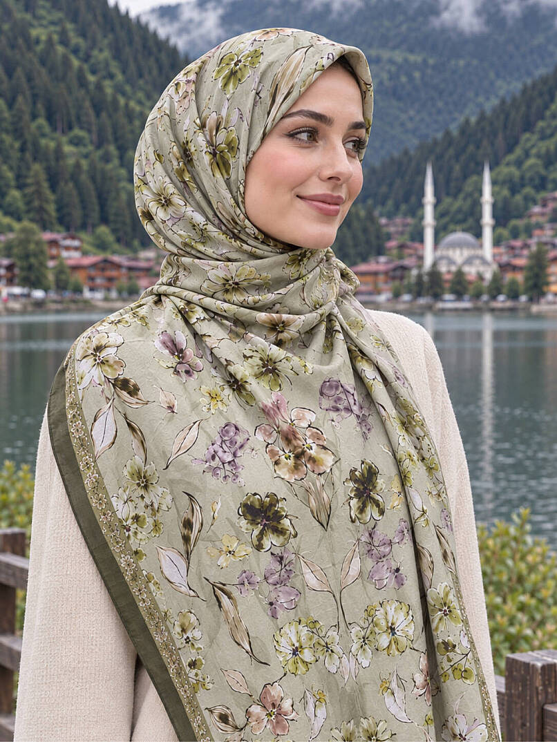 Floral Harmony Bambu Kraş Şal - Haki - 3