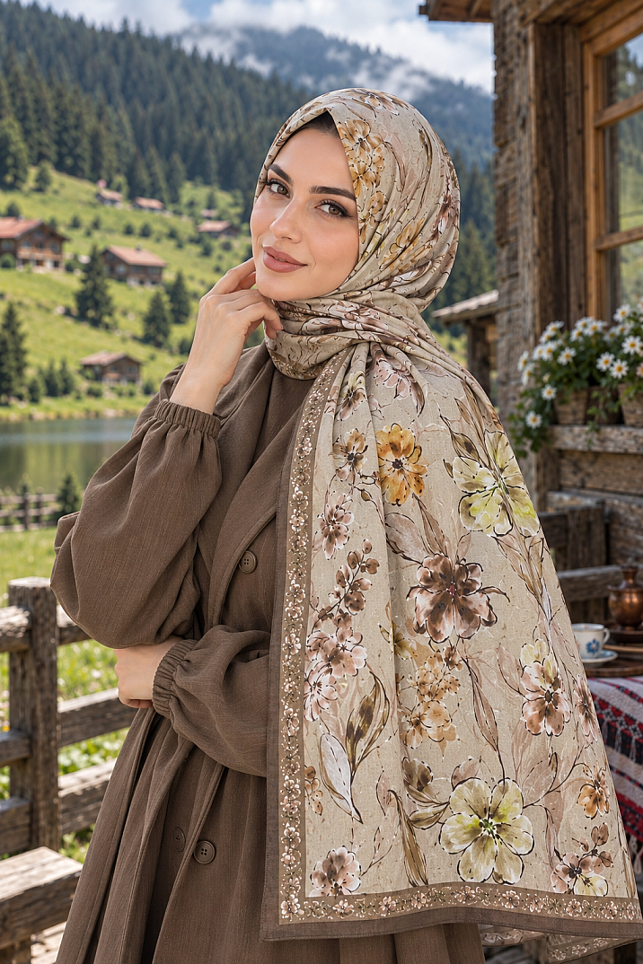 Floral Harmony Bambu Kraş Şal - Kahve - 3