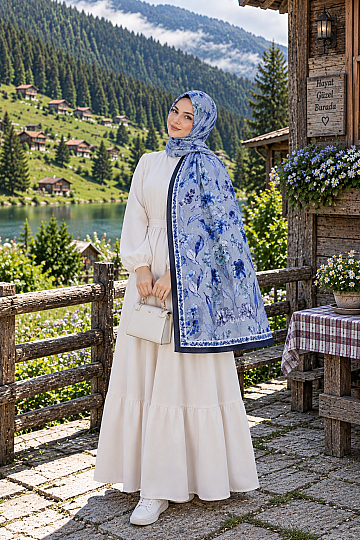 Floral Harmony Bambu Kraş Şal - Lacivert - 1