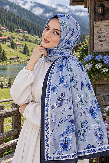 Floral Harmony Bambu Kraş Şal - Lacivert - 2