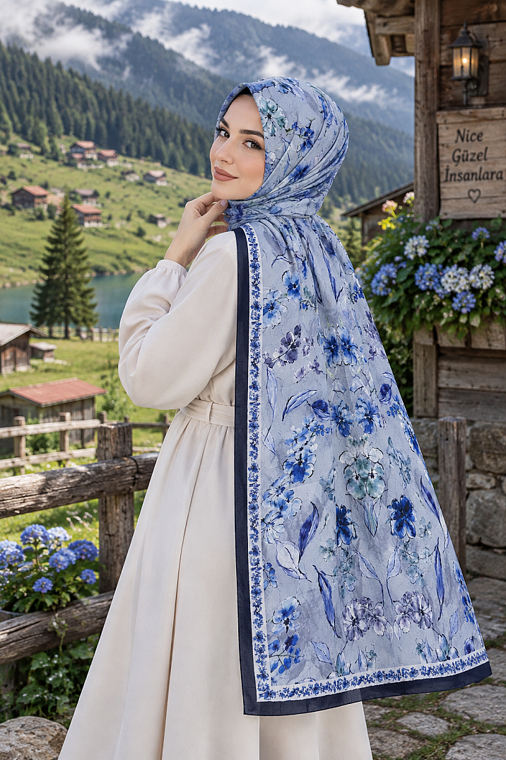 Floral Harmony Bambu Kraş Şal - Lacivert - 3