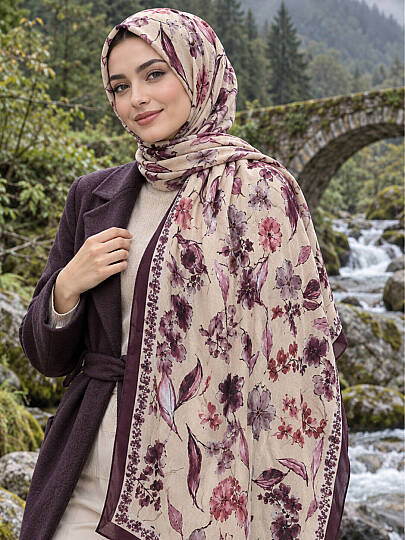 Floral Harmony Bambu Kraş Şal - Mürdüm