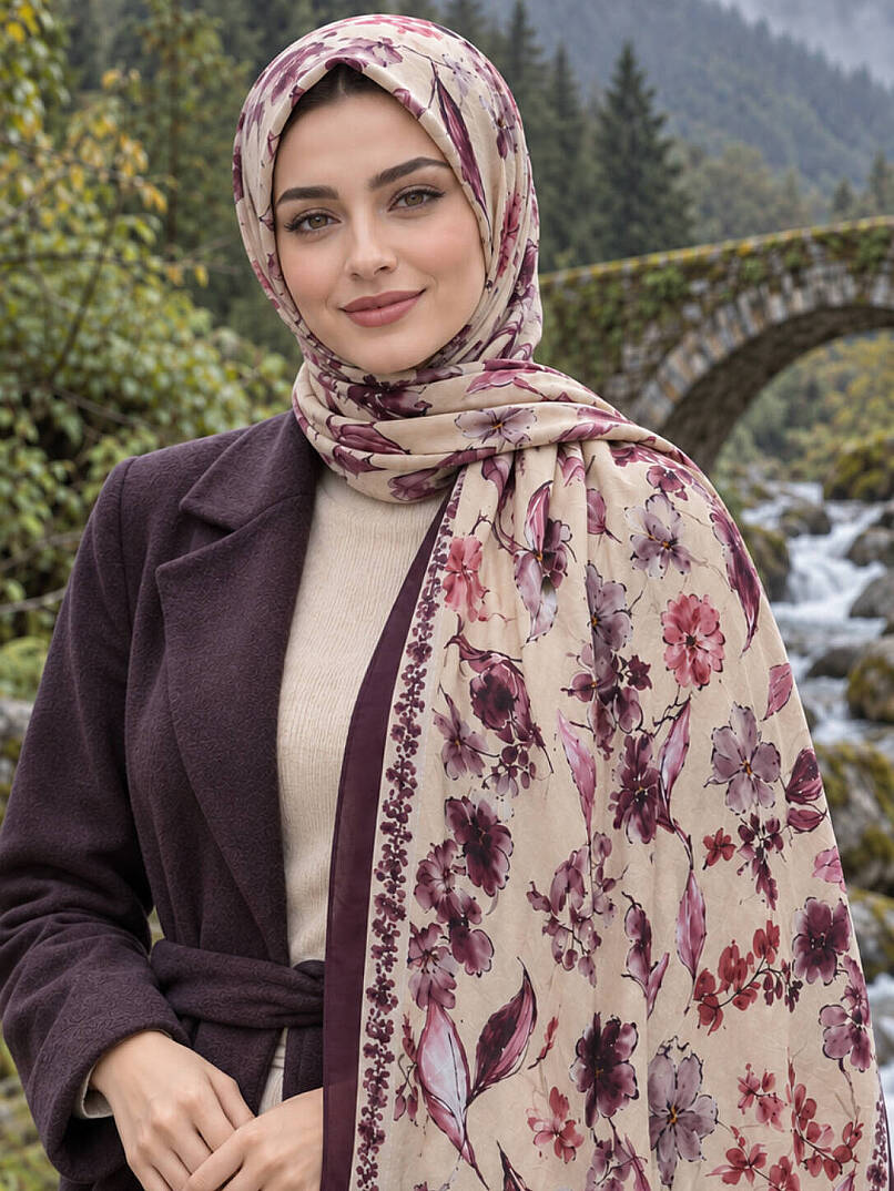 Floral Harmony Bambu Kraş Şal - Mürdüm - 2