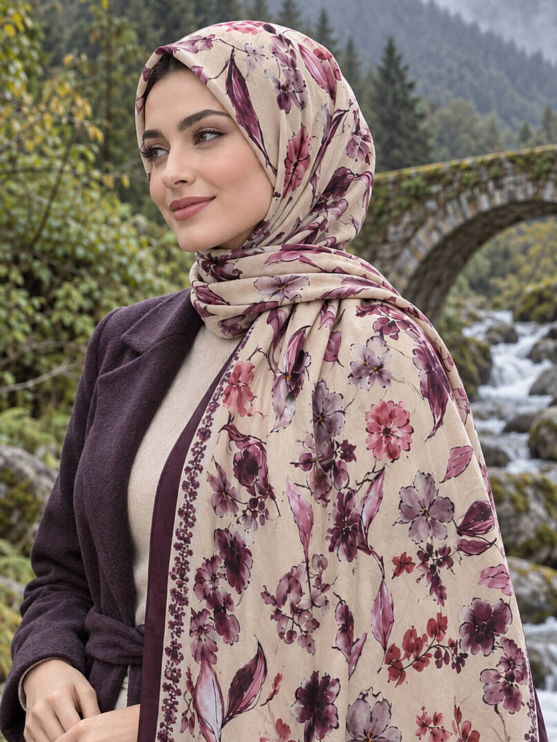 Floral Harmony Bambu Kraş Şal - Mürdüm - 3
