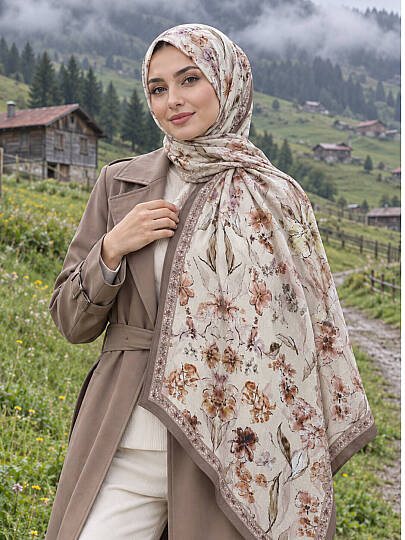 Floral Harmony Bambu Kraş Şal - Vizon - 1