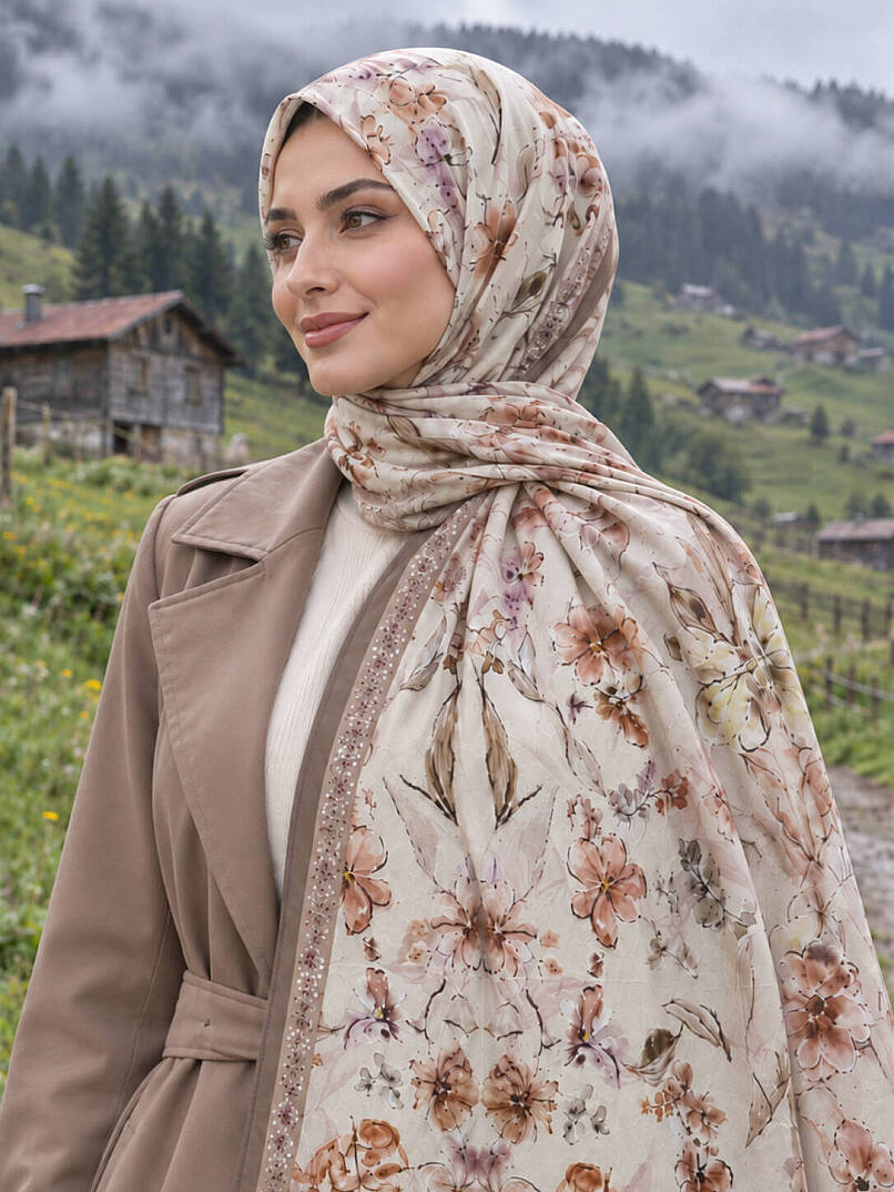 Floral Harmony Bambu Kraş Şal - Vizon - 2