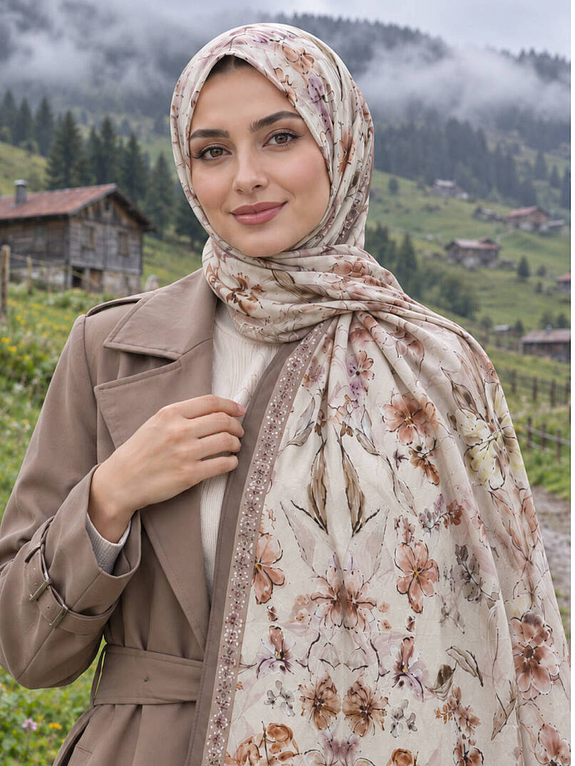 Floral Harmony Bambu Kraş Şal - Vizon - 3