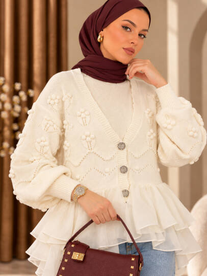 Florence Tül Detaylı Triko Hırka - Ekru - 22074-EKRU