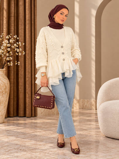 Florence Tül Detaylı Triko Hırka - Ekru - 22074-EKRU - 2