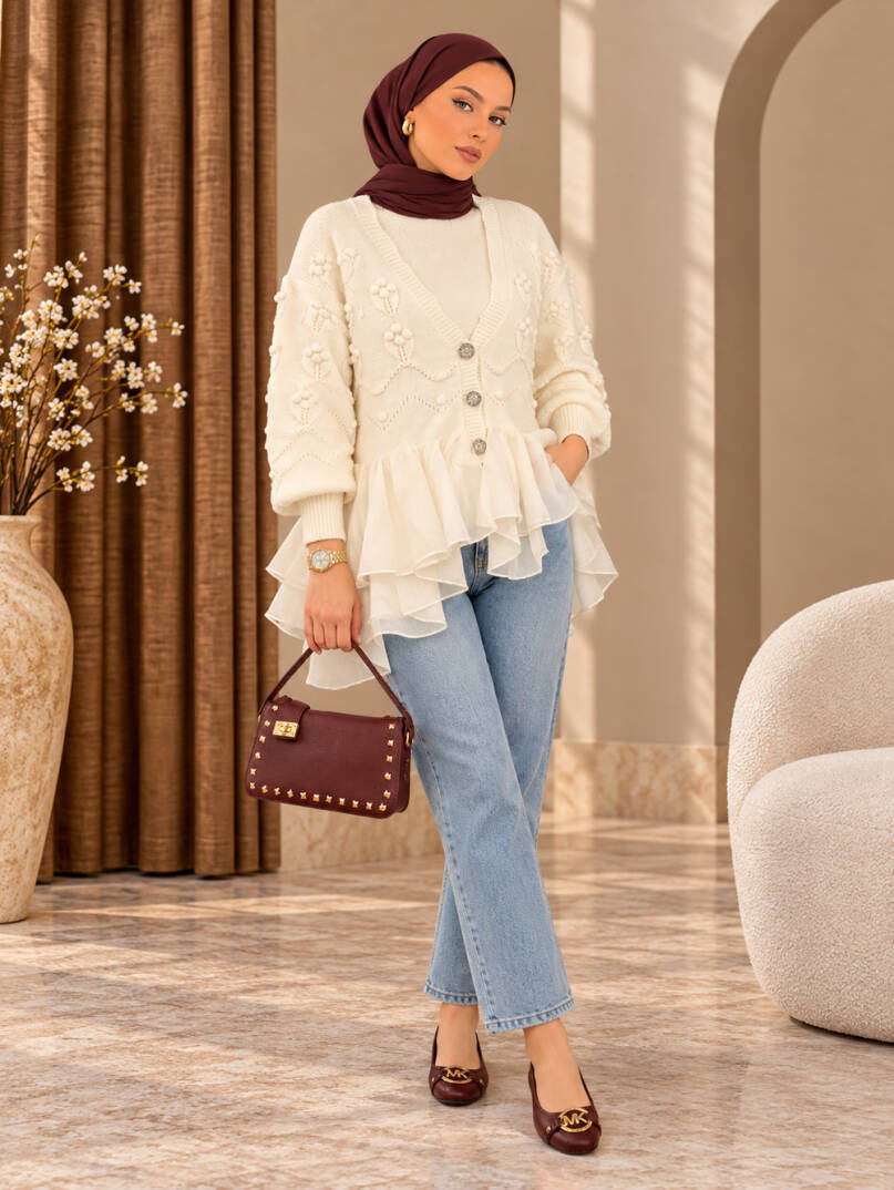 Florence Tül Detaylı Triko Hırka - Ekru - 22074-EKRU - 2