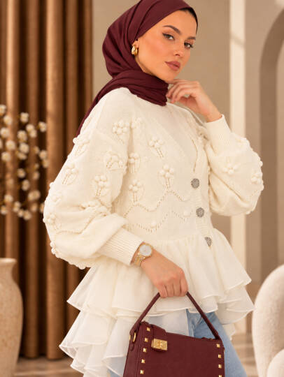 Florence Tül Detaylı Triko Hırka - Ekru - 22074-EKRU - 3