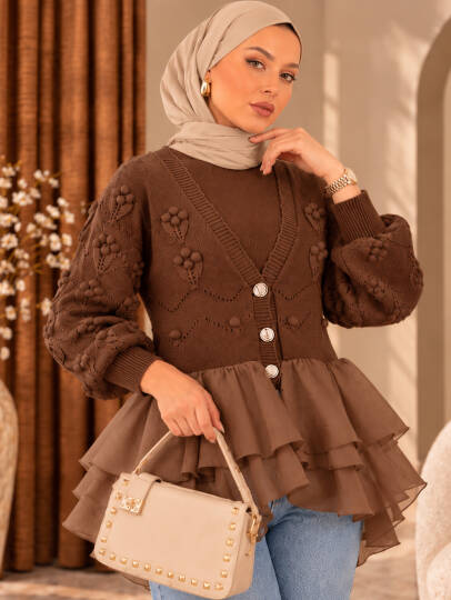 Florence Tül Detaylı Triko Hırka - Kahve - 22074-KAHVE