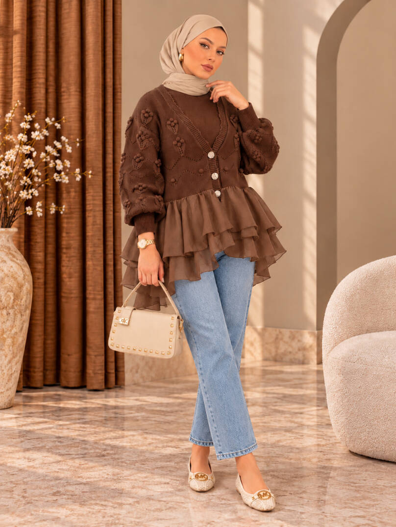 Florence Tül Detaylı Triko Hırka - Kahve - 22074-KAHVE - 2
