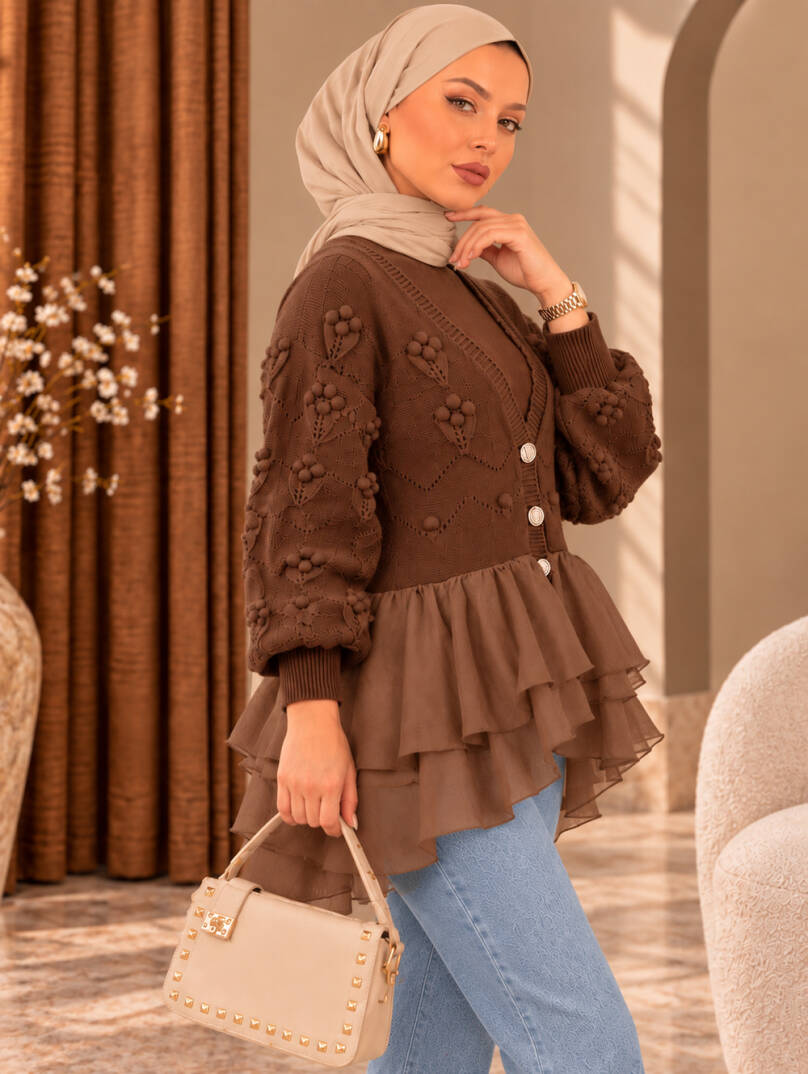 Florence Tül Detaylı Triko Hırka - Kahve - 22074-KAHVE - 3