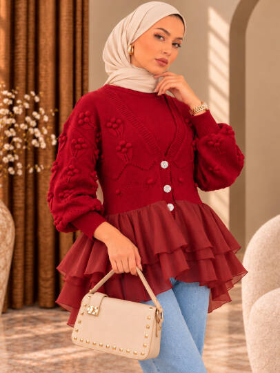 Florence Tül Detaylı Triko Hırka - Kırmızı - 22074-KIRMIZI