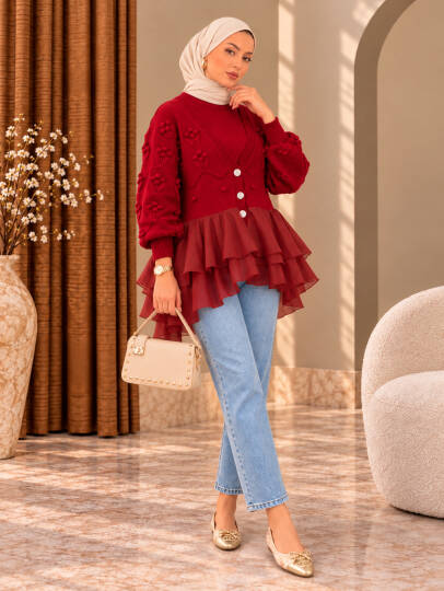 Florence Tül Detaylı Triko Hırka - Kırmızı - 22074-KIRMIZI - 2