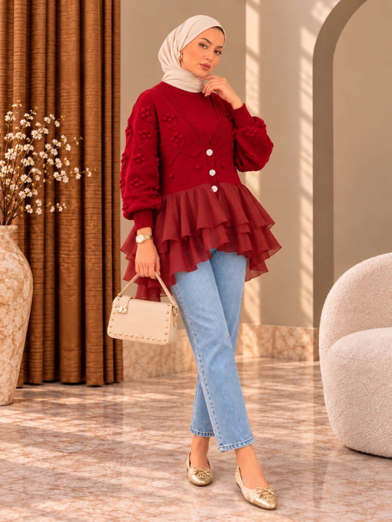 Florence Tül Detaylı Triko Hırka - Kırmızı - 22074-KIRMIZI - 2