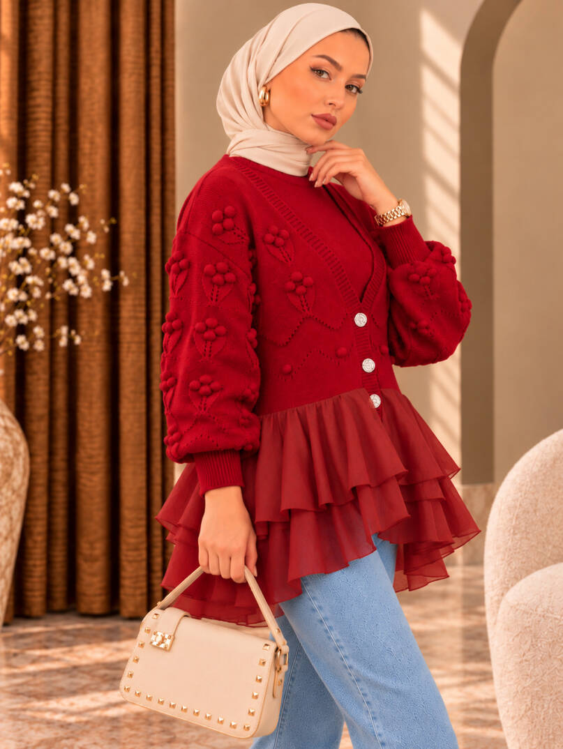 Florence Tül Detaylı Triko Hırka - Kırmızı - 22074-KIRMIZI - 3