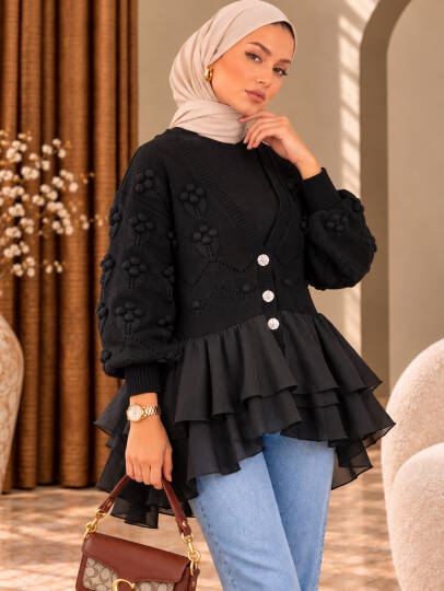 Florence Tül Detaylı Triko Hırka - Siyah - 22074-SIYAH