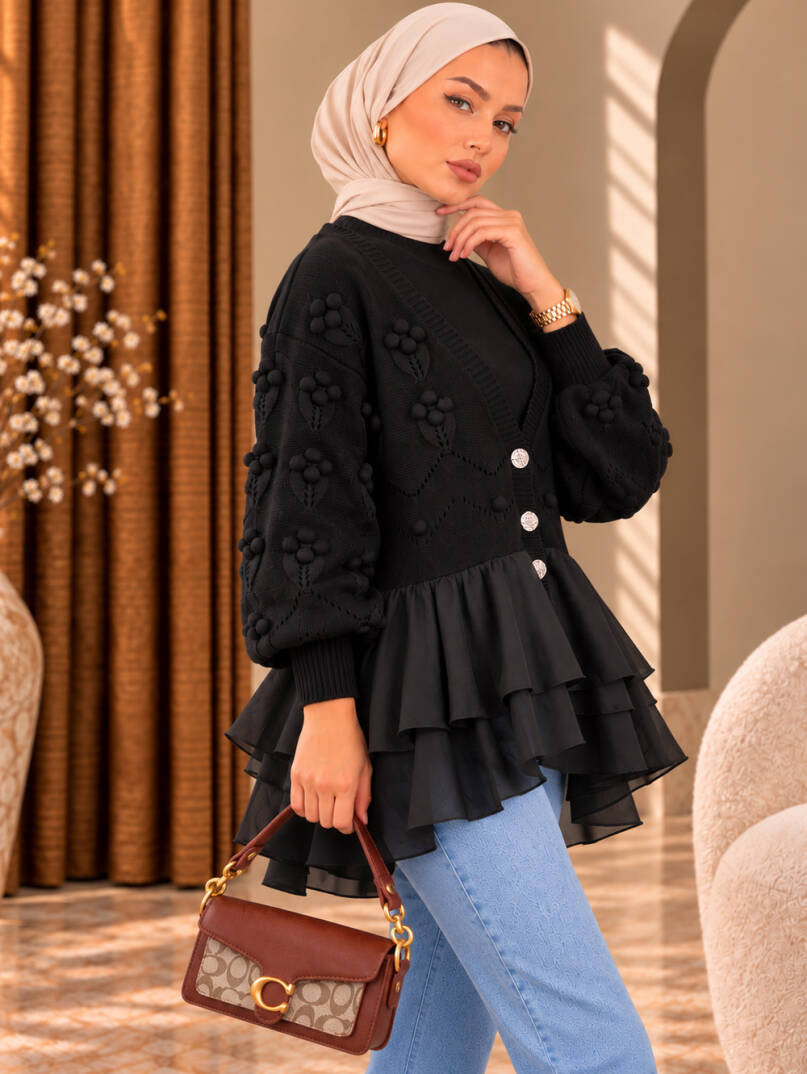Florence Tül Detaylı Triko Hırka - Siyah - 22074-SIYAH - 3
