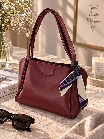 Fular Detaylı Geniş Omuz Çantası - Bordo - 2