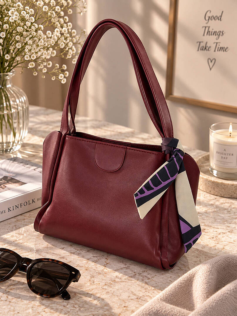 Fular Detaylı Geniş Omuz Çantası - Bordo - 2