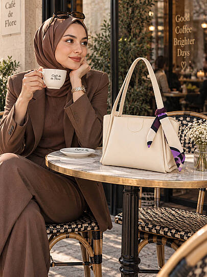 Fular Detaylı Geniş Omuz Çantası - Krem - 1