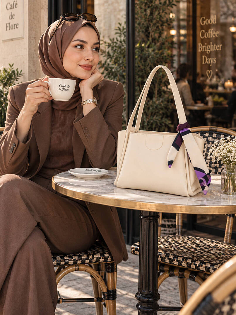 Fular Detaylı Geniş Omuz Çantası - Krem - 1
