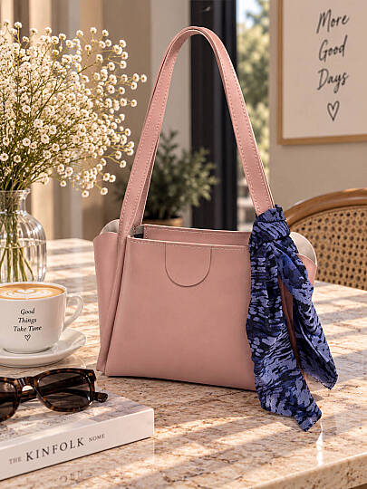 Fular Detaylı Geniş Omuz Çantası - Pembe - 2