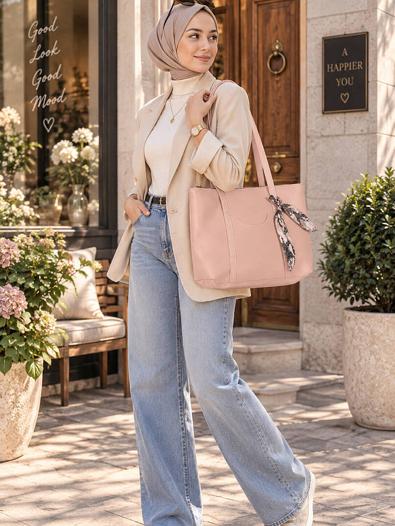 Fularlı Cep Detaylı Geniş Omuz Çantası - Pembe - 1