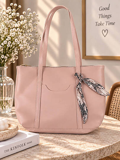 Fularlı Cep Detaylı Geniş Omuz Çantası - Pembe - 2