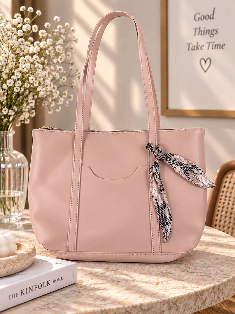 Fularlı Cep Detaylı Geniş Omuz Çantası - Pembe - 2