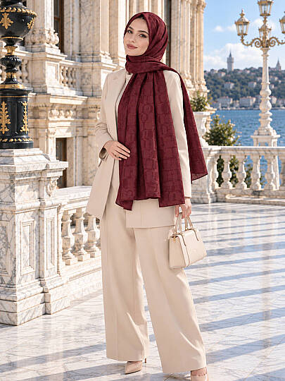 Halka Desen Ayrobin Jakar Şal - Bordo - 1