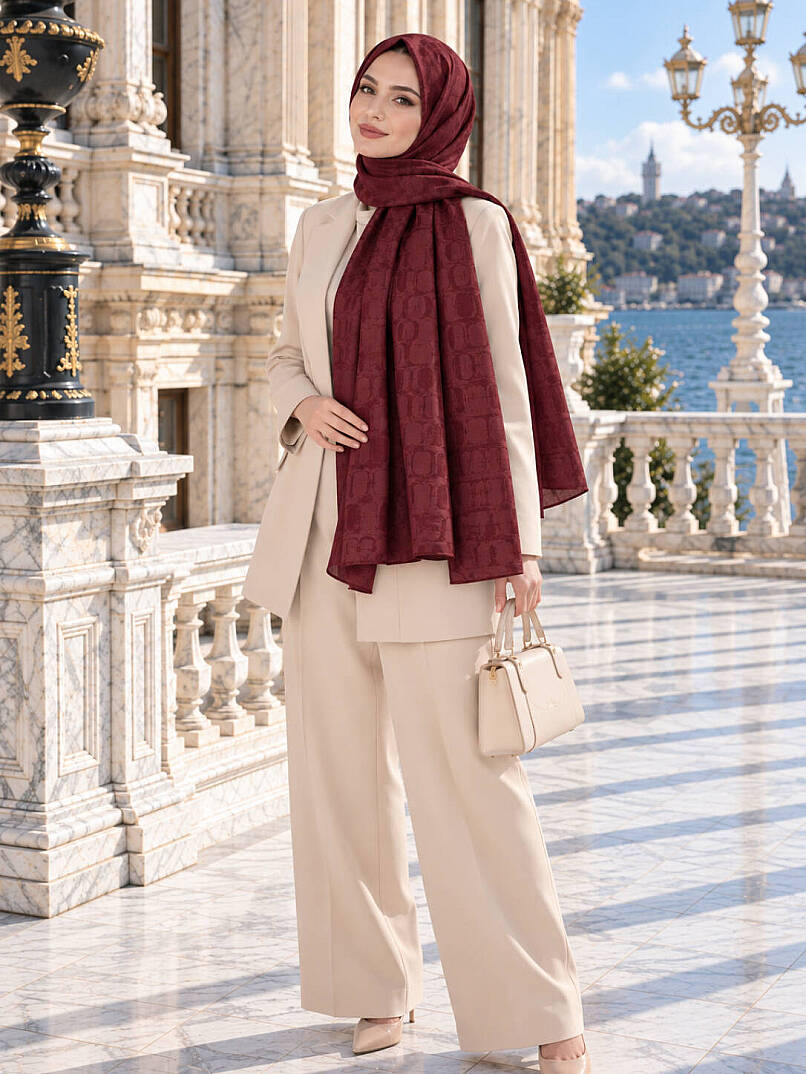 Halka Desen Ayrobin Jakar Şal - Bordo - 1