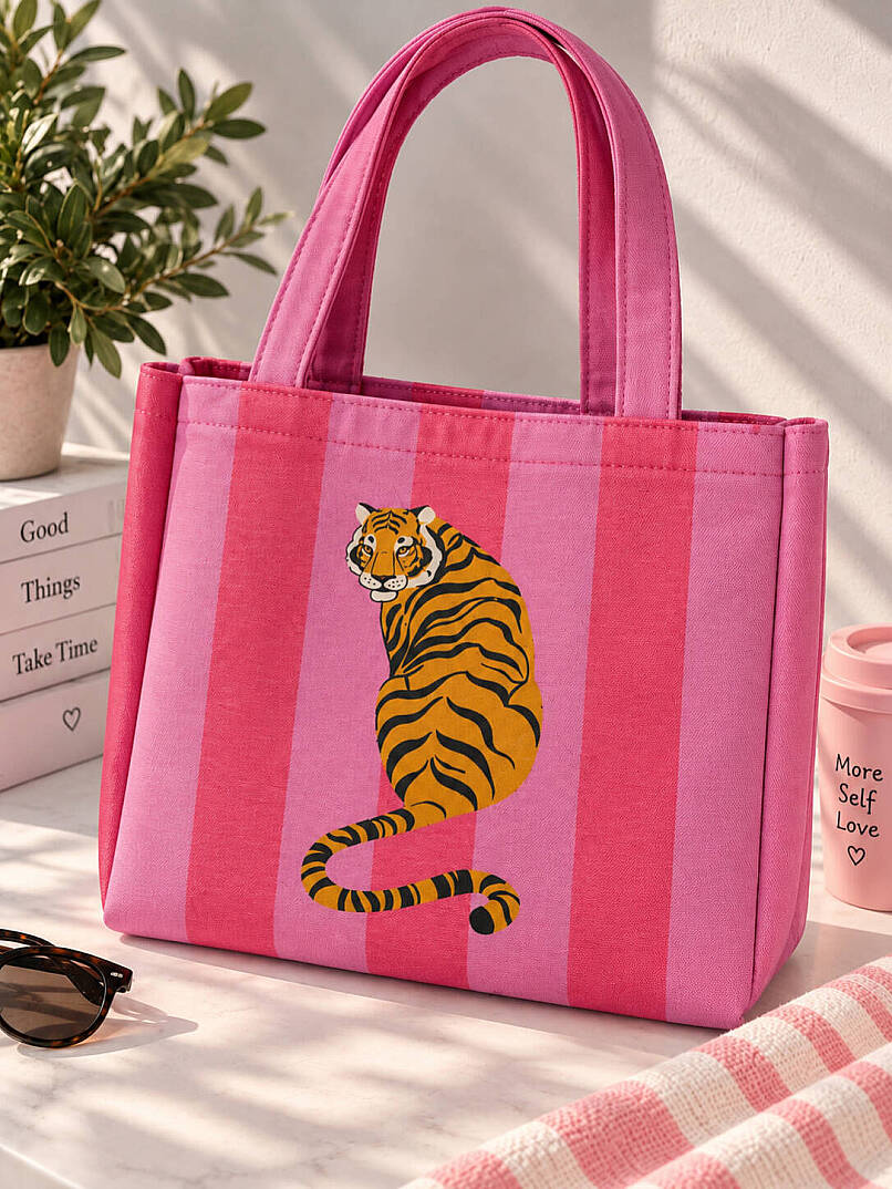 Kaplan Baskılı Çizgili Kanvas Çanta - Pembe - 2