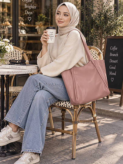 Kavis Detaylı Geniş Omuz Çantası - Pembe - 1