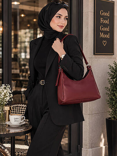 Kavisli Geniş Omuz Çantası - Bordo - 1