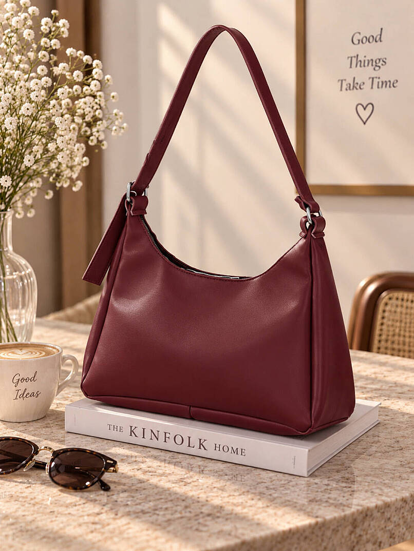 Kavisli Geniş Omuz Çantası - Bordo - 3
