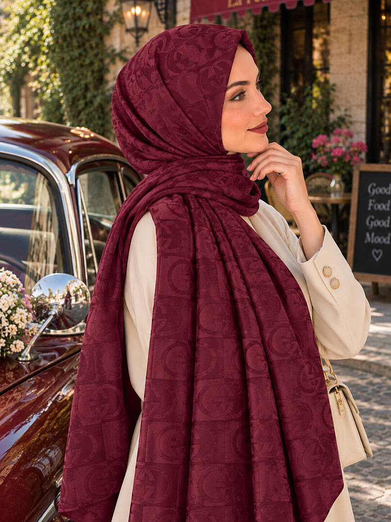 Kilit Desen Ayraobin Pamuk Jakar Şal - Bordo - 3
