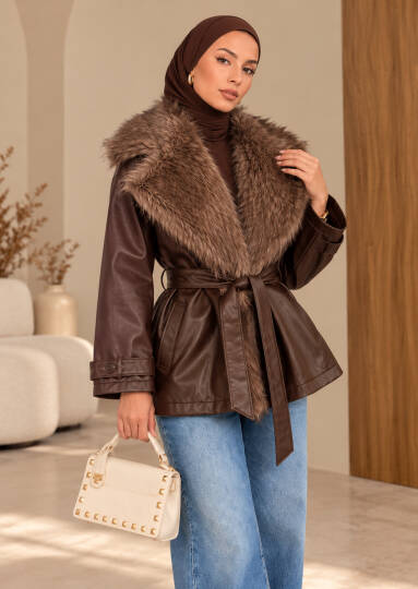 Majestic Kürk Yakalı Deri Ceket - Kahve - 22089-KAHVE - 2