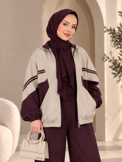 Mavera Şerit Detaylı İkili Takım - Mürdüm - 22084-MURDUM - 2