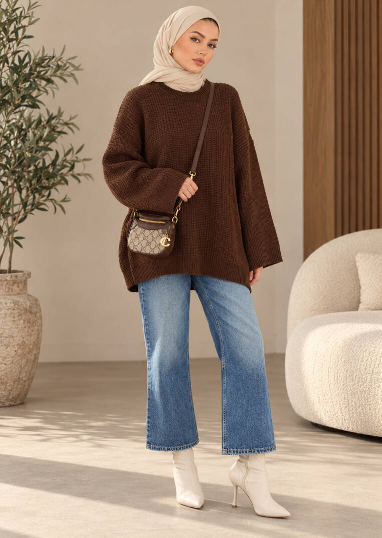 Mellow Oversize Triko Kazak - Kahve - 22088-KAHVE - 1