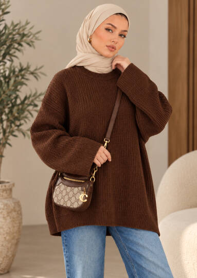 Mellow Oversize Triko Kazak - Kahve - 22088-KAHVE - 2