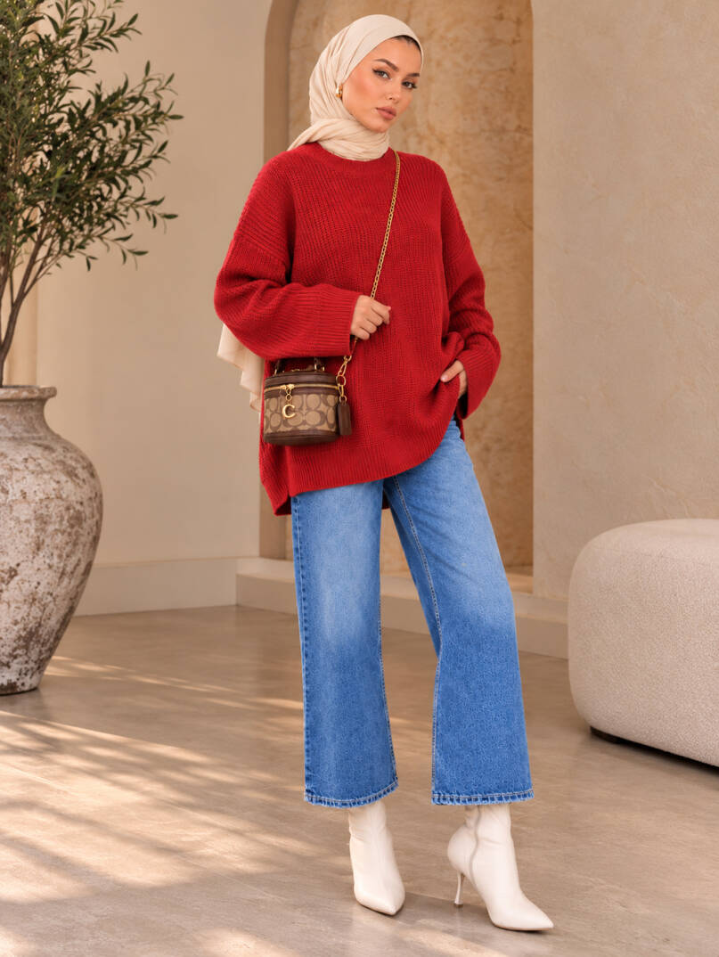 Mellow Oversize Triko Kazak - Kırmızı - 22088-KIRMIZI - 1